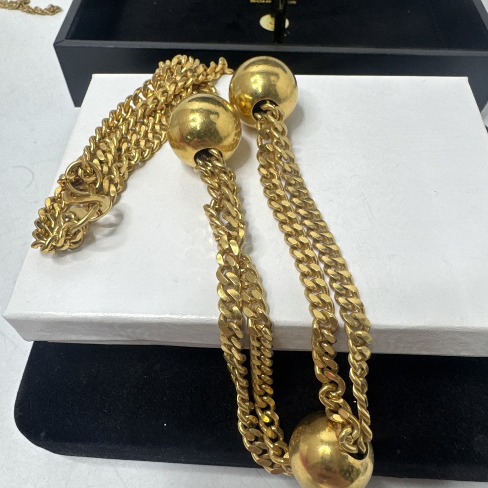 Vintage Double Chain Necklace Ball Stations Gold Tone Heavy Designer Quality